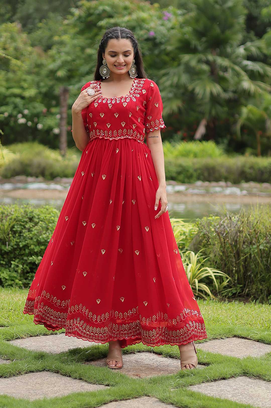 Crimson Red Georgette Gown with Embroidered Bodice & Gold Work Border