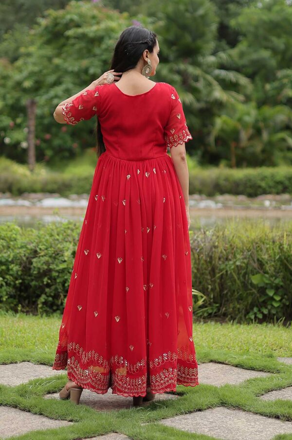 Crimson Red Georgette Gown with Embroidered Bodice & Gold Work Border