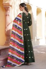 Dark-Green-Georgette-Gown-with-Gold-Motifs-&amp;-Multi-Colored-Dupatta