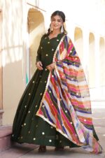 Dark-Green-Georgette-Gown-with-Gold-Motifs-&amp;-Multi-Colored-Dupatta-2