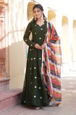Dark-Green-Georgette-Gown-with-Gold-Motifs-&amp;-Multi-Colored-Dupatta-3