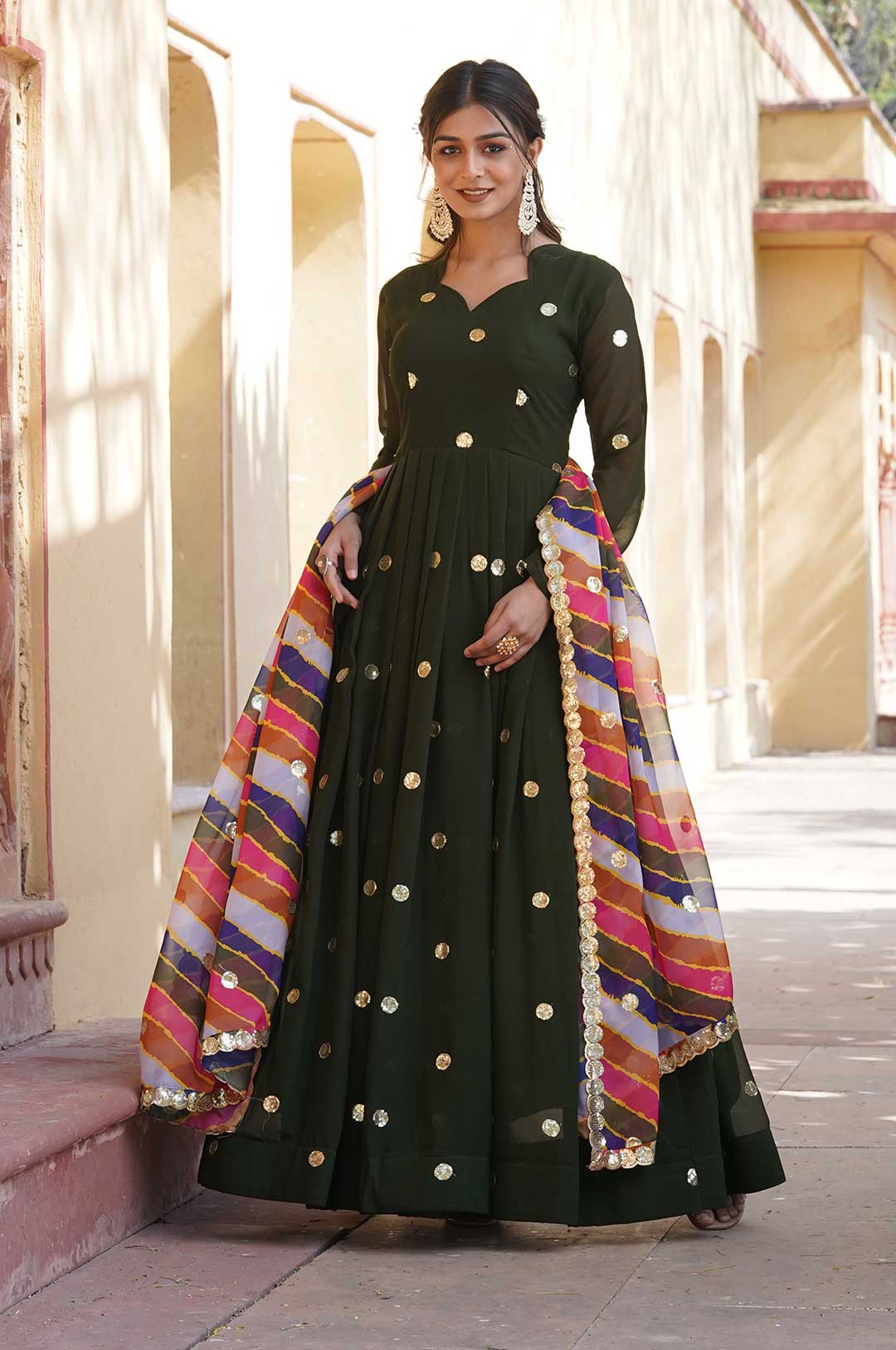 Dark Green Georgette Gown with Gold Motifs & Multi-Colored Dupatta