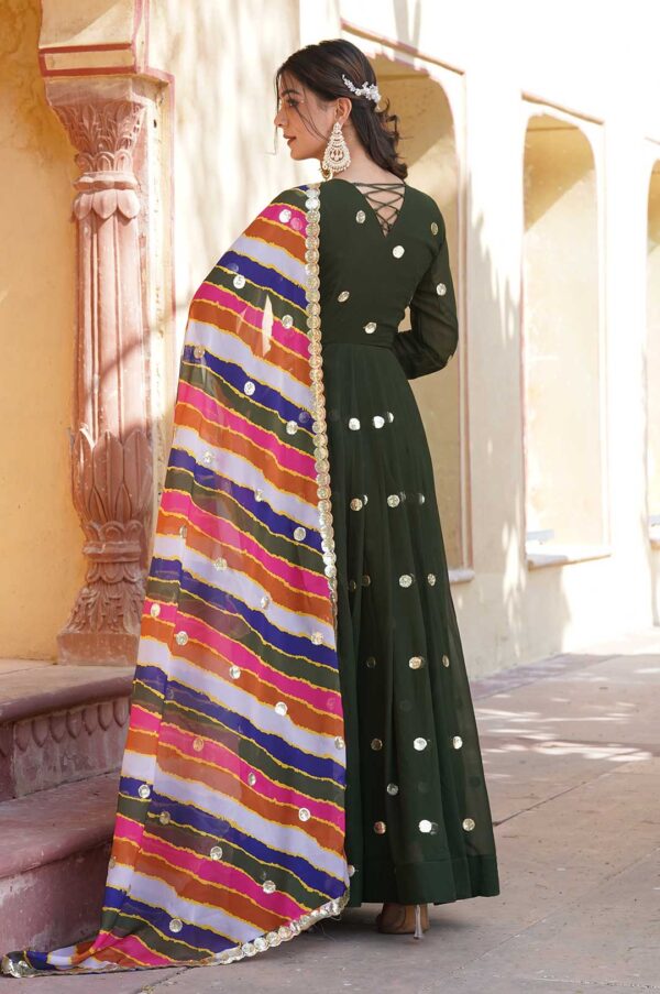 Dark Green Georgette Gown with Gold Motifs & Multi-Colored Dupatta