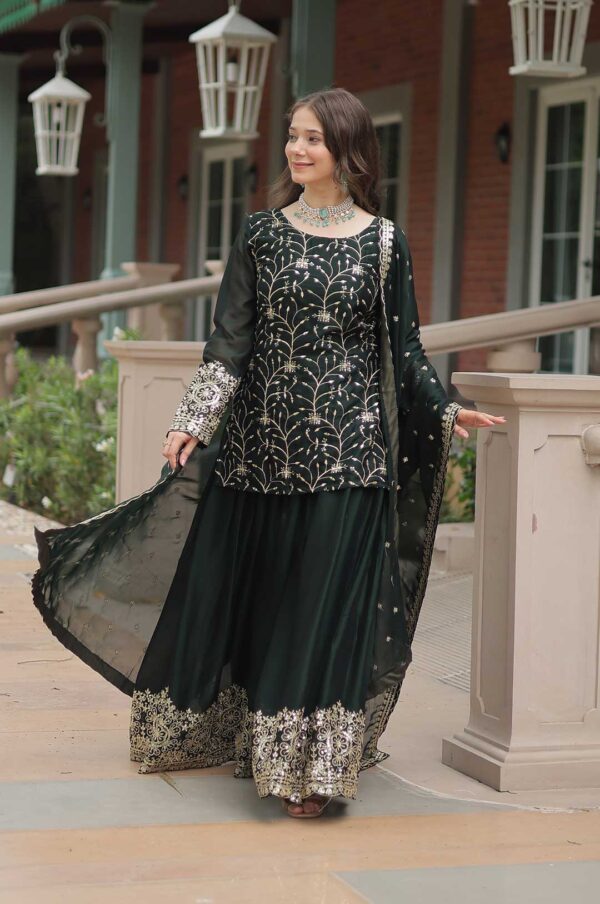 Dark Green Georgette Sharara Suit with Heavy Embroidery & Mirror Work