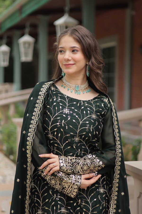 Dark Green Georgette Sharara Suit with Heavy Embroidery & Mirror Work