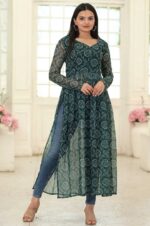 Dark-Green-Printed-Georgette-Kurta-with-Side-Slits-and-Full-Sleeves