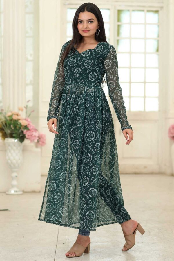 Dark Green Printed Georgette Kurta with Side Slits and Full Sleeves