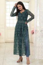 Dark-Green-Printed-Georgette-Kurta-with-Side-Slits-and-Full-Sleeves-3