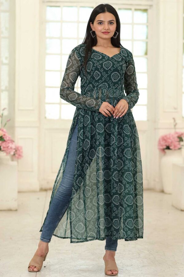 Dark Green Printed Georgette Kurta with Side Slits and Full Sleeves