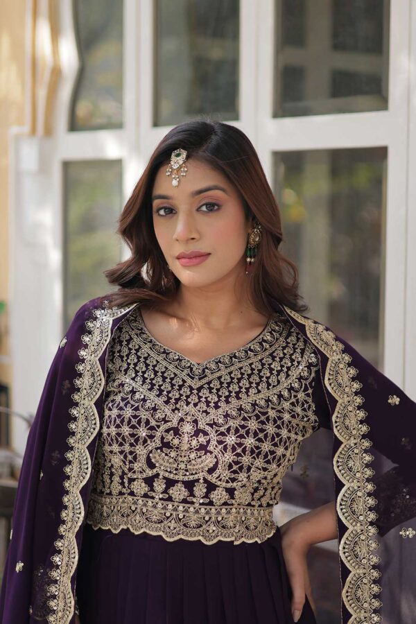 Deep Purple Embroidered Anarkali Gown with Intricate Bodice & Border Work and Matching Dupatta