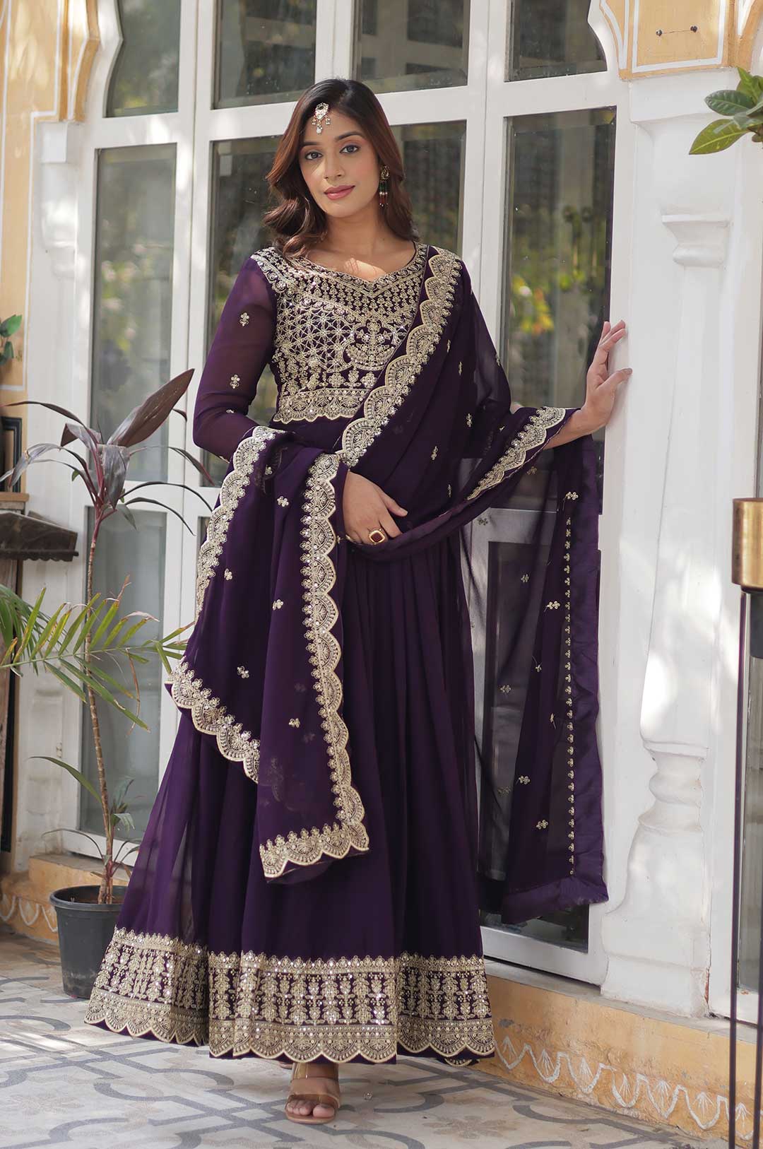 Deep Purple Embroidered Anarkali Gown with Intricate Bodice & Border Work and Matching Dupatta
