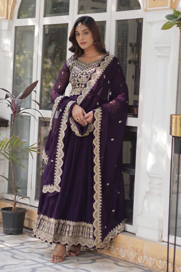 Deep Purple Embroidered Anarkali Gown with Intricate Bodice & Border Work and Matching Dupatta