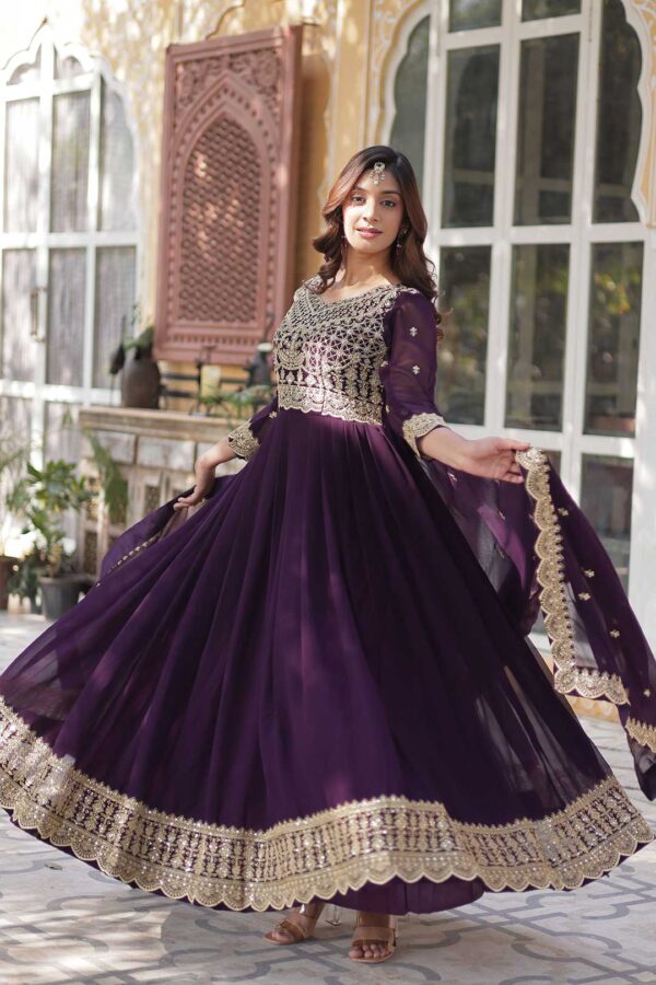 Deep Purple Embroidered Anarkali Gown with Intricate Bodice & Border Work and Matching Dupatta