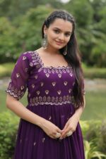 Deep-Purple-Georgette-Gown-with-Embroidered-Bodice-&amp;-Gold-Work-Border