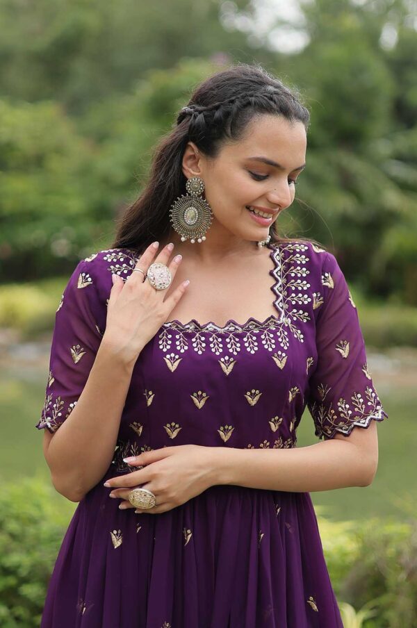 Deep Purple Georgette Gown with Embroidered Bodice & Gold Work Border
