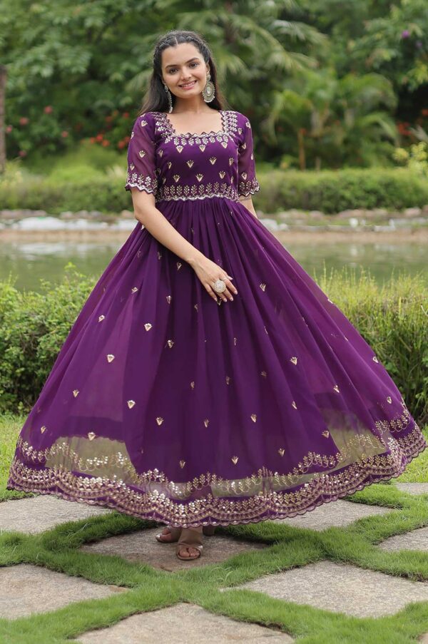 Deep Purple Georgette Gown with Embroidered Bodice & Gold Work Border