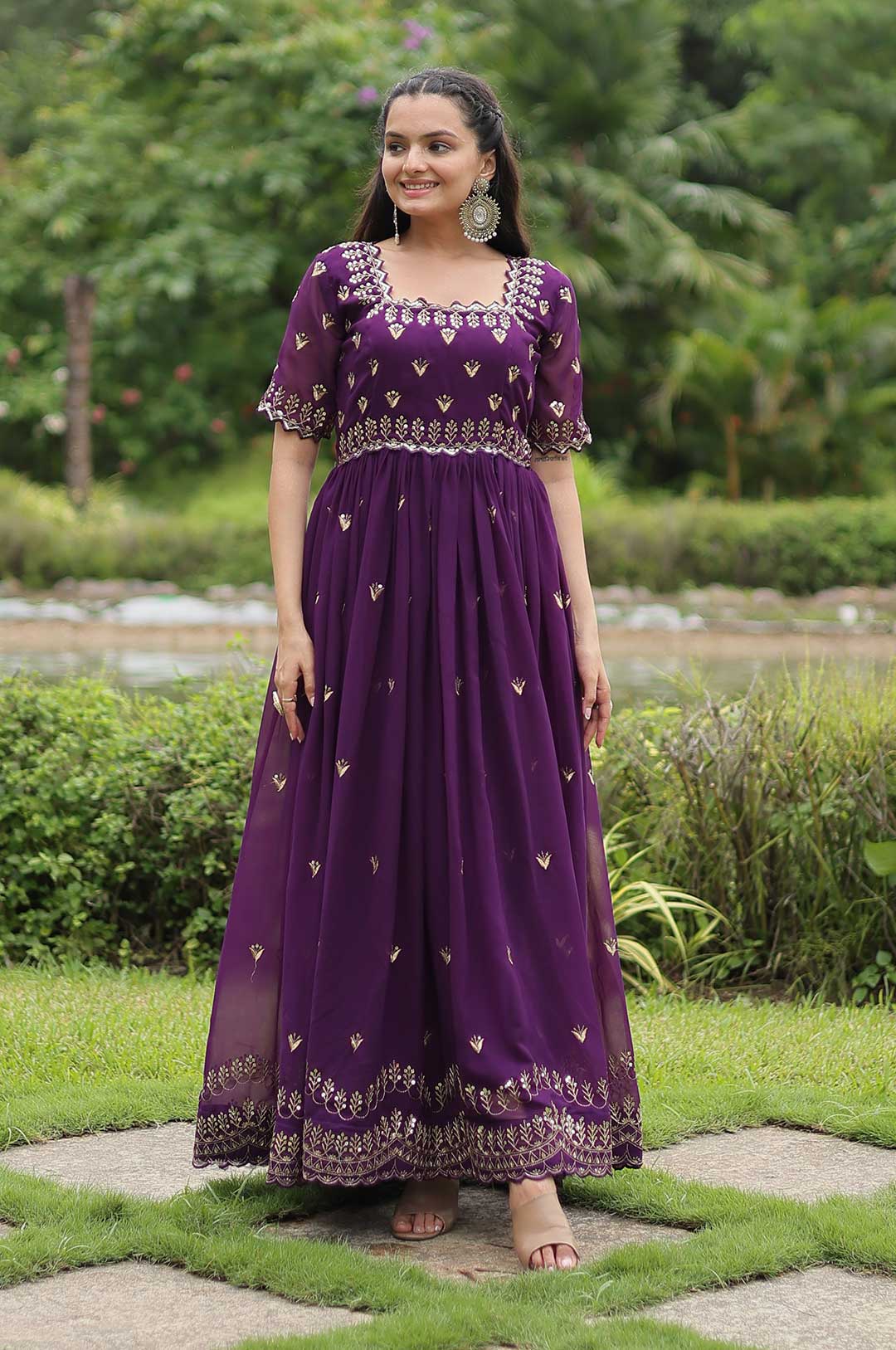 Deep Purple Georgette Gown with Embroidered Bodice & Gold Work Border