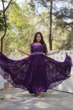 Deep-Purple-Georgette-Gown-with-Embroidered-Bodice-&amp;-Tiered-Ruffle-Hem