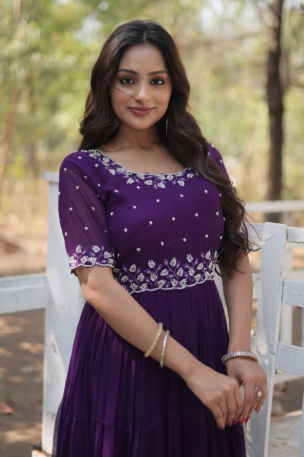 Deep Purple Georgette Gown with Embroidered Bodice & Tiered Ruffle Hem