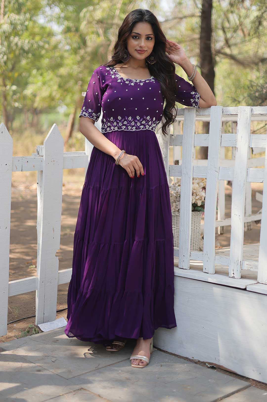 Deep Purple Georgette Gown with Embroidered Bodice & Tiered Ruffle Hem
