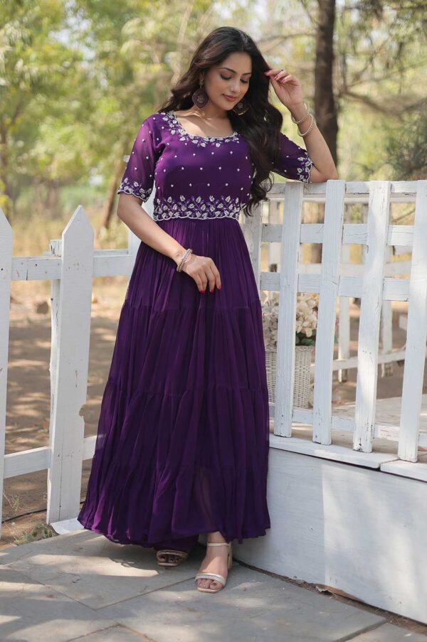 Deep Purple Georgette Gown with Embroidered Bodice & Tiered Ruffle Hem