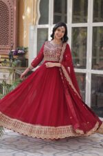 Deep-Red-Georgette-Gown-with-Gold-Zari-and-Multi-Thread-Embroidery