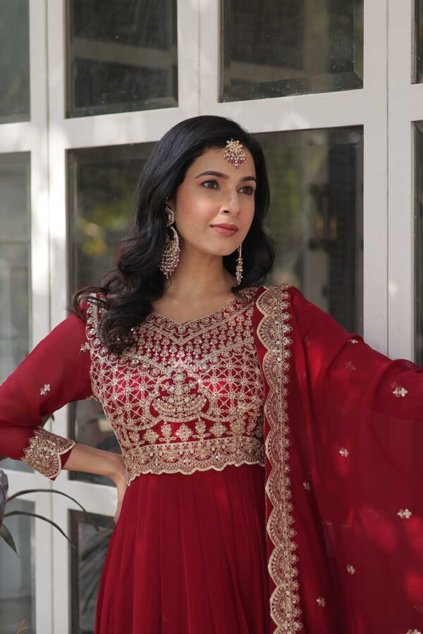 Deep Red Georgette Gown with Gold Zari and Multi-Thread Embroidery