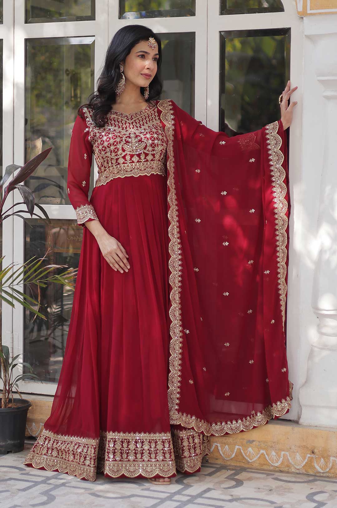 Deep Red Georgette Gown with Gold Zari and Multi-Thread Embroidery