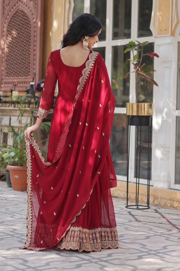 Deep Red Georgette Gown with Gold Zari and Multi-Thread Embroidery