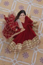 Deep-Red-Viscose-Georgette-Gown-with-Heavy-Embroidery-&amp;-Dupatta-