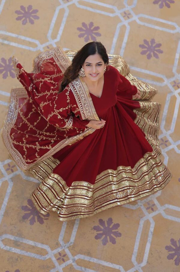 Deep Red Viscose Georgette Gown with Heavy Embroidery & Dupatta