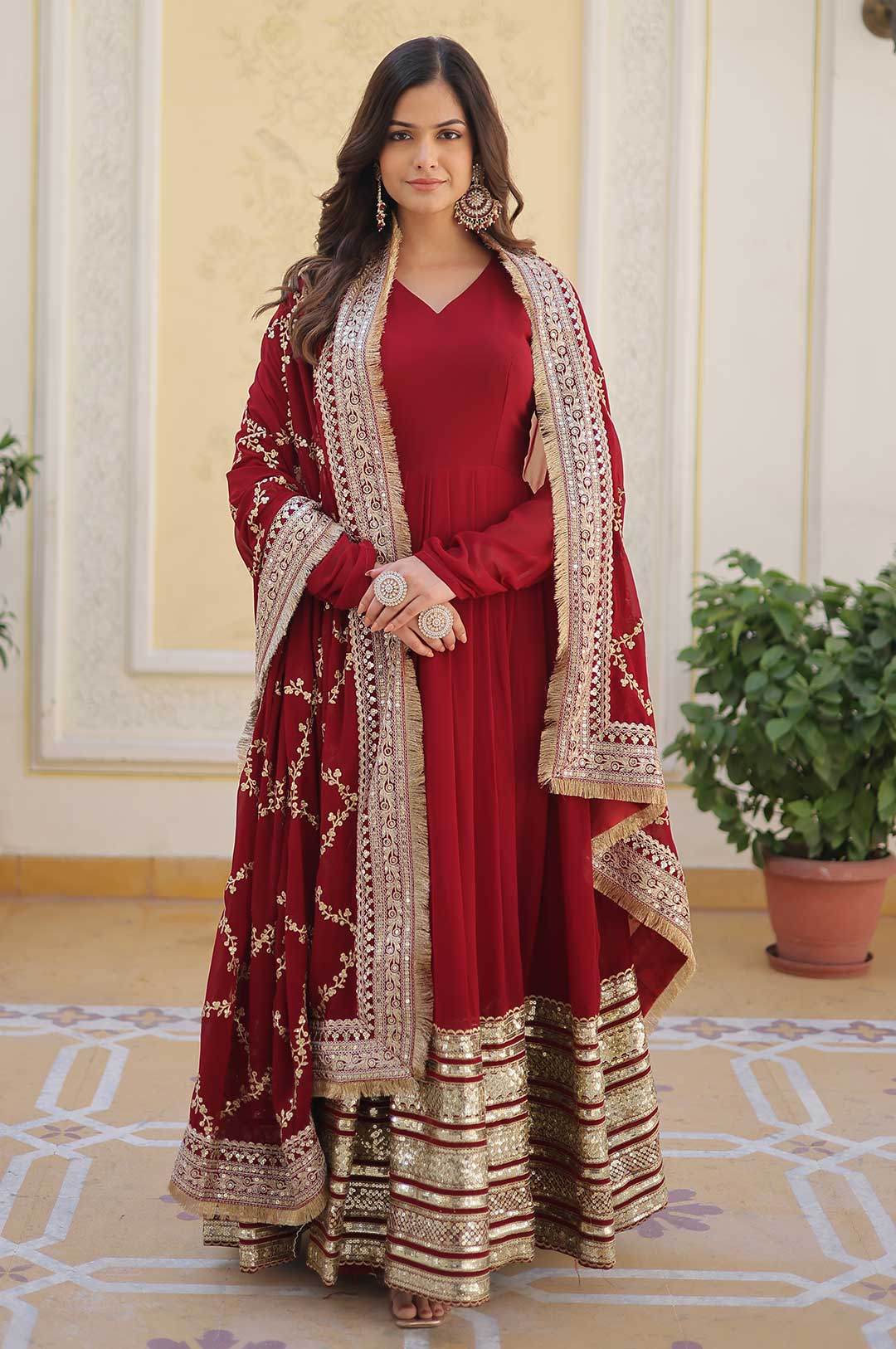 Deep Red Viscose Georgette Gown with Heavy Embroidery & Dupatta