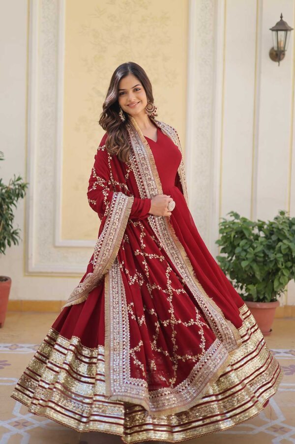 Deep Red Viscose Georgette Gown with Heavy Embroidery & Dupatta