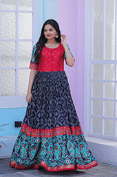 Blue Vibrant Dola Silk Gown with Patola Designer Foil Print Work