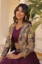 Elegance-Wine-Chinnon-Lehenga-Set-with-Jacquard-Koti