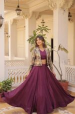 Elegance-Wine-Chinnon-Lehenga-Set-with-Jacquard-Koti---2