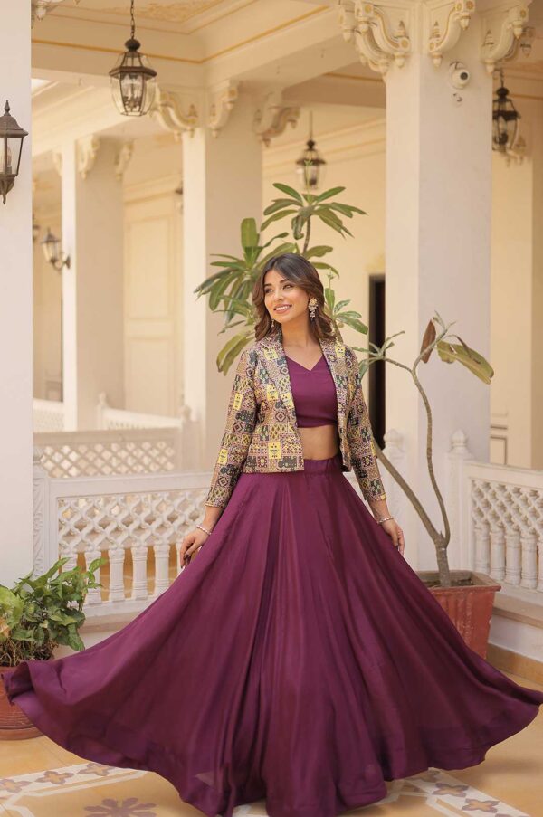 Elegance Wine Chinnon Lehenga Set with Jacquard Koti
