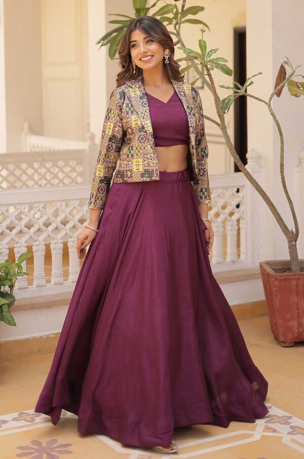 Elegance Wine Chinnon Lehenga Set with Jacquard Koti