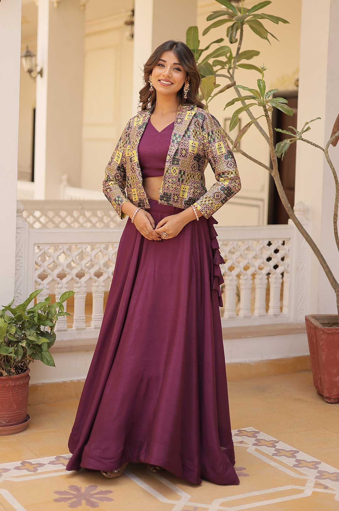 Elegance Wine Chinnon Lehenga Set with Jacquard Koti