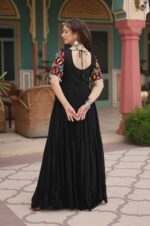 Elegant-Black-14Kg-Reyon-Gown-with-Kutchi-Kodi-Embroidery-&amp;-10-Meter-Flair-
