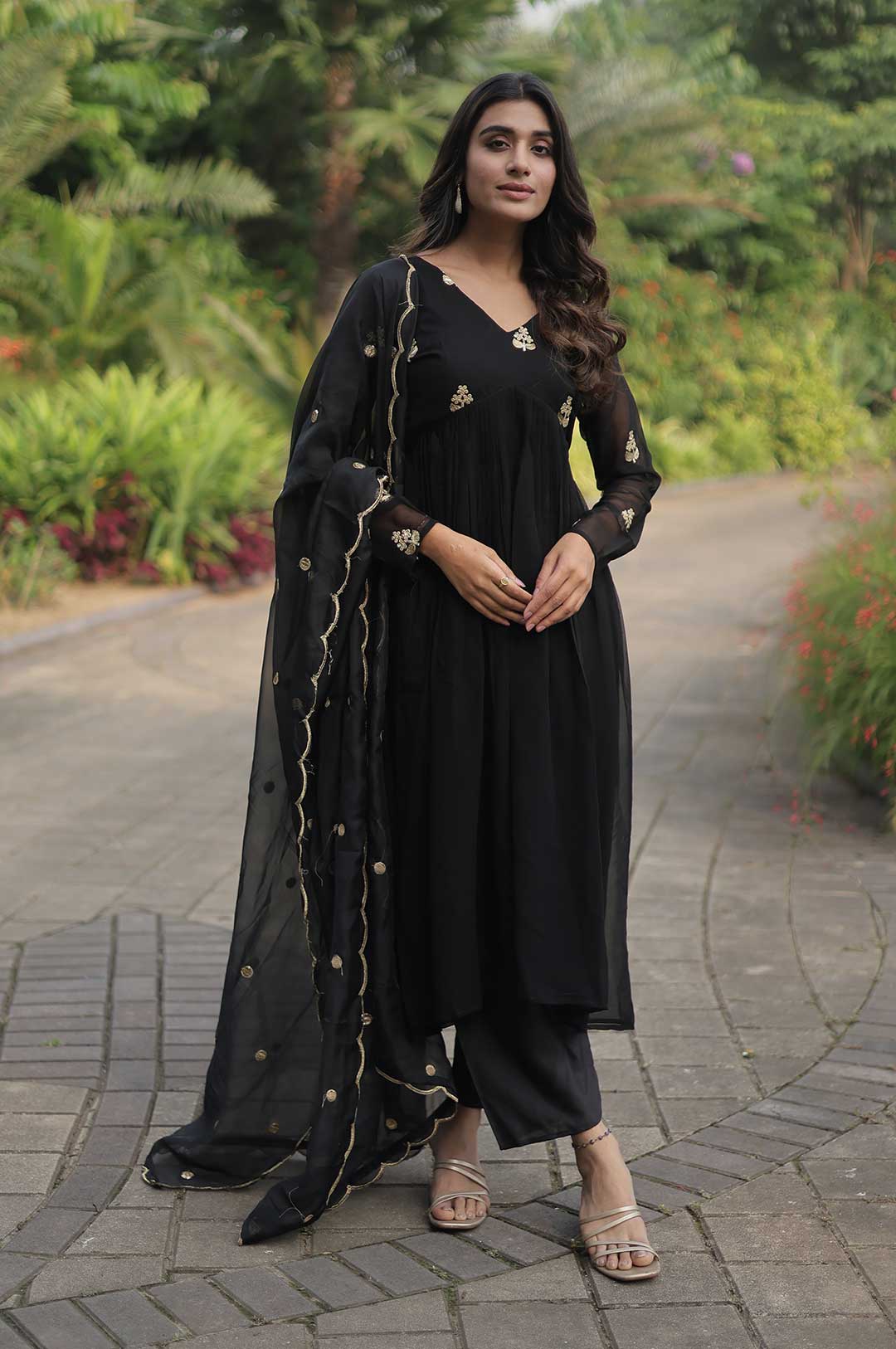 Elegant Black Alia Cut Embroidered Suit Set