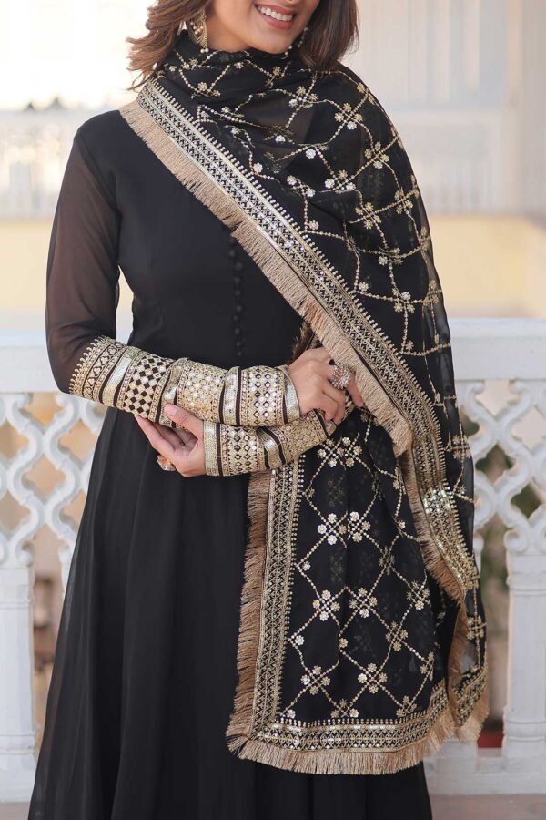 Elegant Black Faux Blooming Gown with Sequins Embroidered Dupatta
