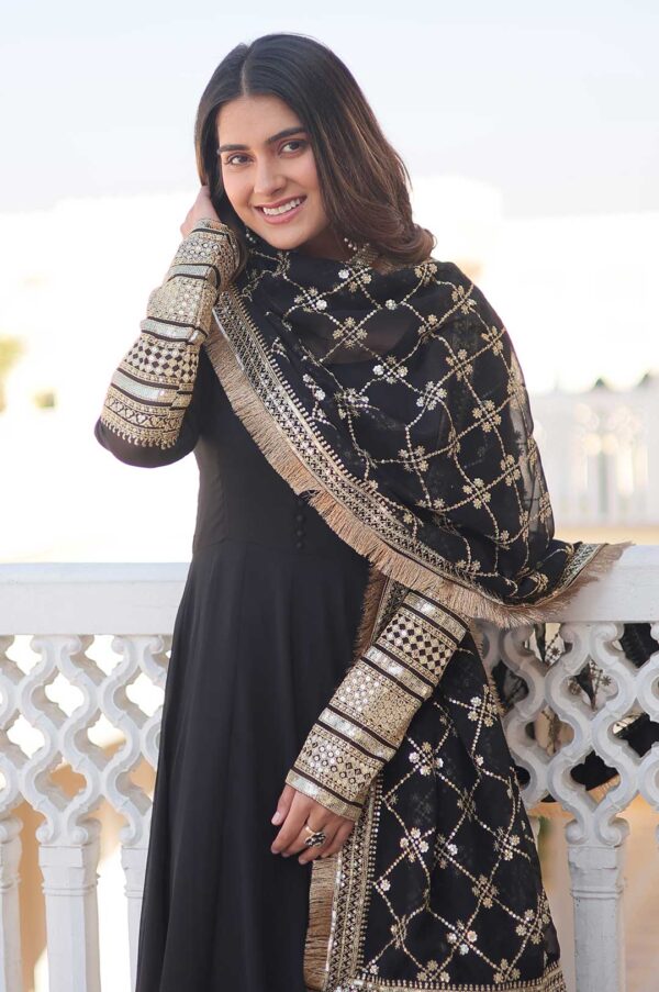 Elegant Black Faux Blooming Gown with Sequins Embroidered Dupatta