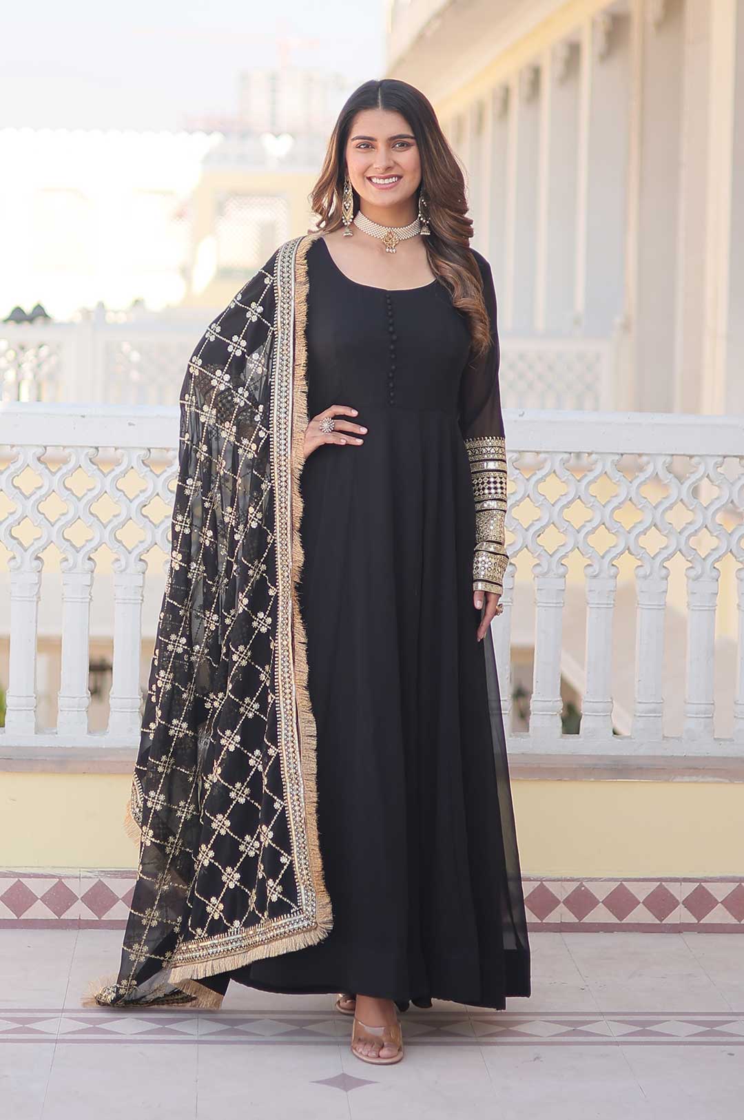 Elegant Black Faux Blooming Gown with Sequins Embroidered Dupatta