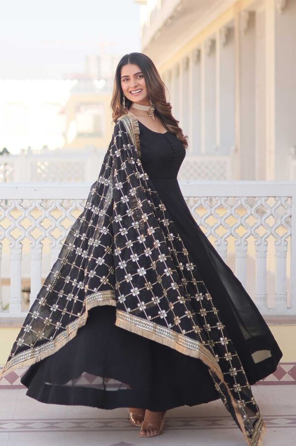 Elegant Black Faux Blooming Gown with Sequins Embroidered Dupatta