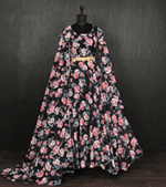 Elegant-Black-Floral-Faux-Georgette-Gown-with-Dupatta-&amp;-Belt-–-Partywear-Gown