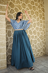 Blue Elegant Chinnon Gown with Sequins & Position Print Work and Aari Work Belt