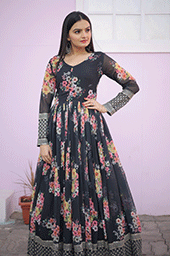 Elegant Digital Printed Faux Georgette Gown with Zari Sequins-Work