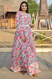 Elegant Floral Digital Print Faux Georgette Gown with Dupatta & Fancy Belt