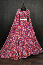 Pink Elegant Floral Digital Print Georgette Gown with Dupatta & Belt